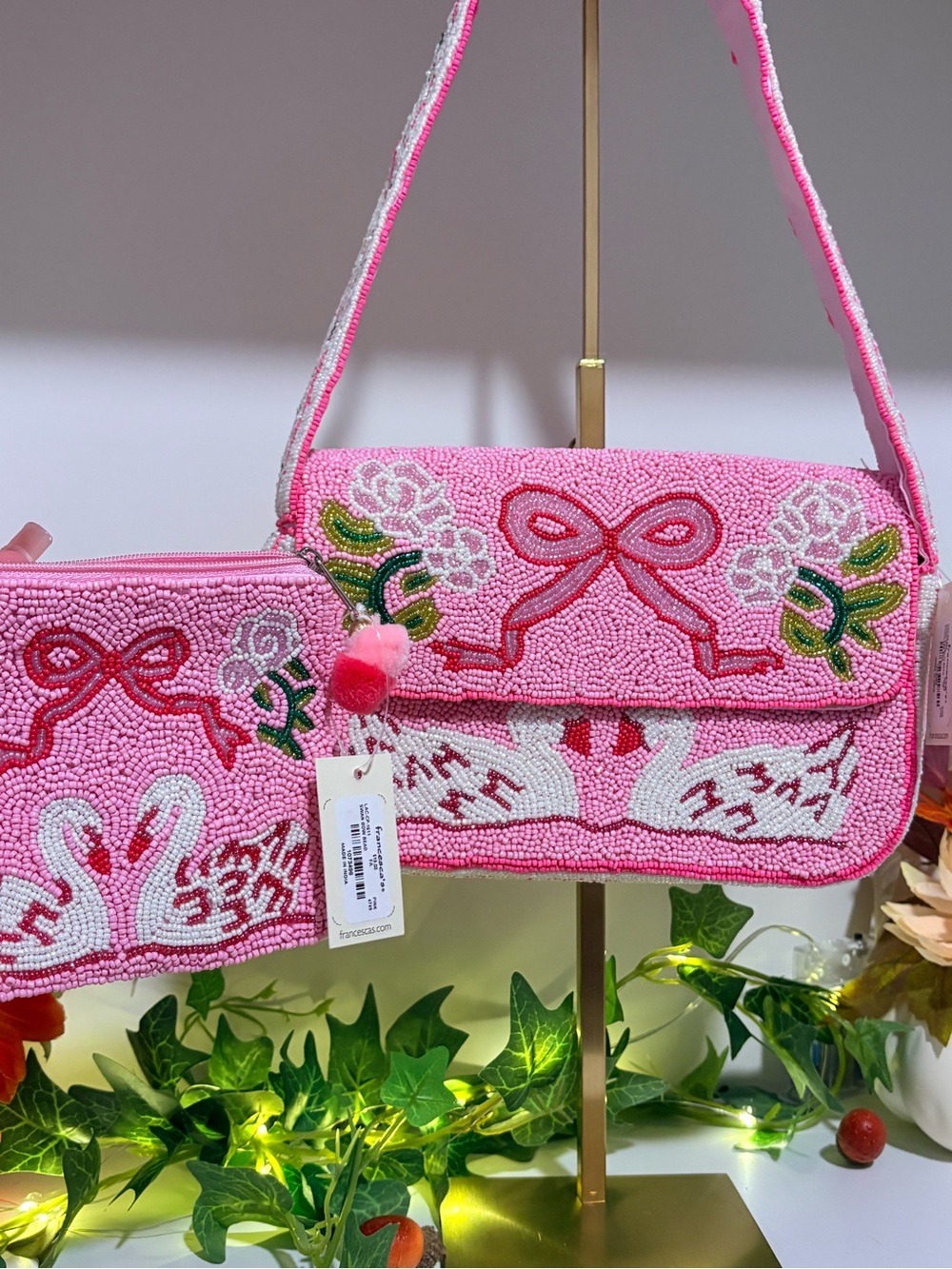 Pink Beaded Swan Bag With Matching Beaded Wallet NWT 🦢 - Picture 2 of 8